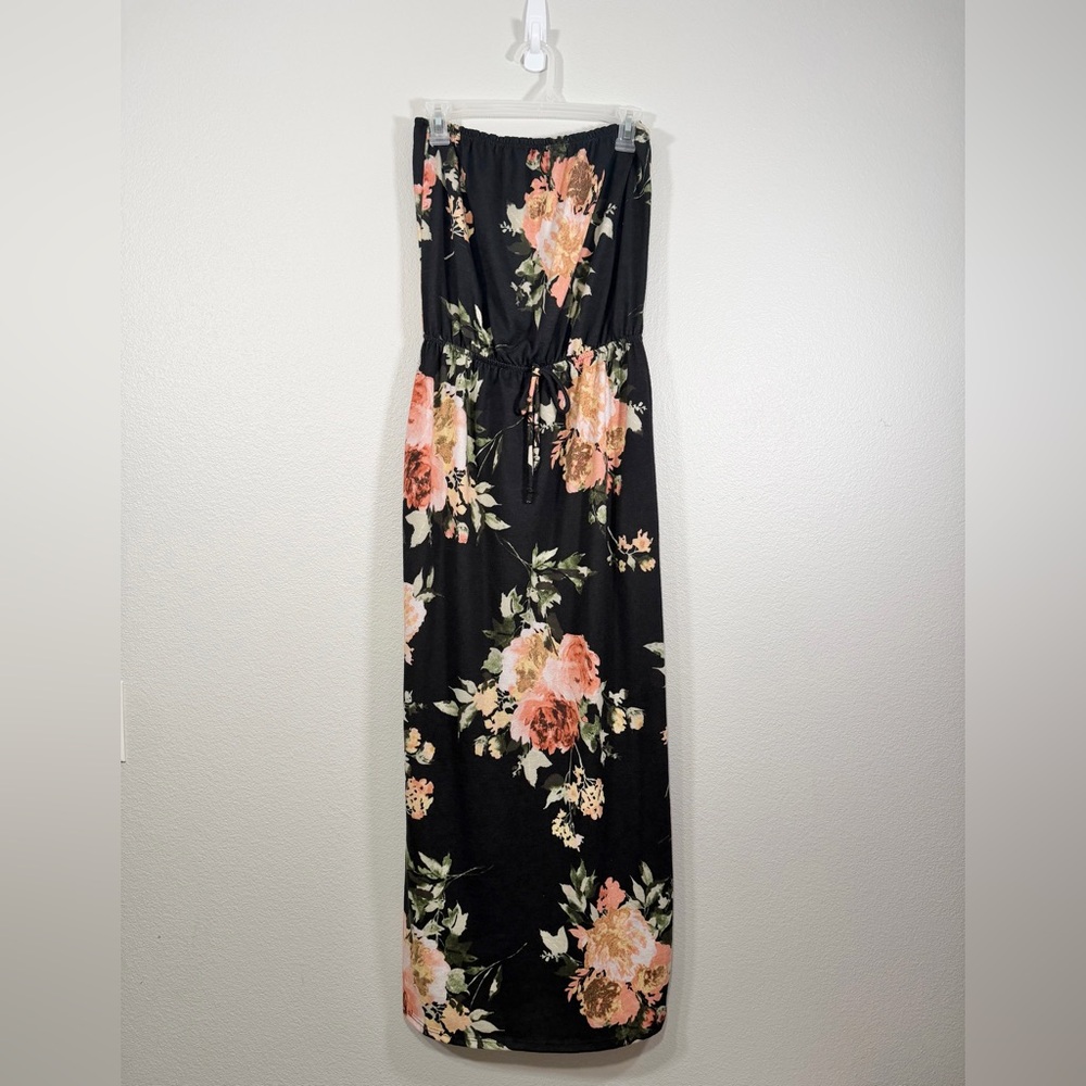 Bluivy Dress Maxi Strapless Black Pink Floral Pockets Soft Tie Waist Women Large